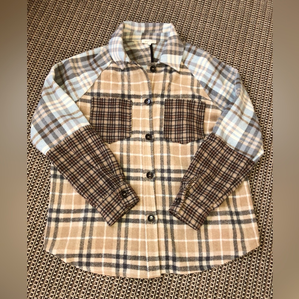 Mystree Tan/Blue Plaid Button-Up Soft Flannel-like Pocketed Shacket Cottagecore
